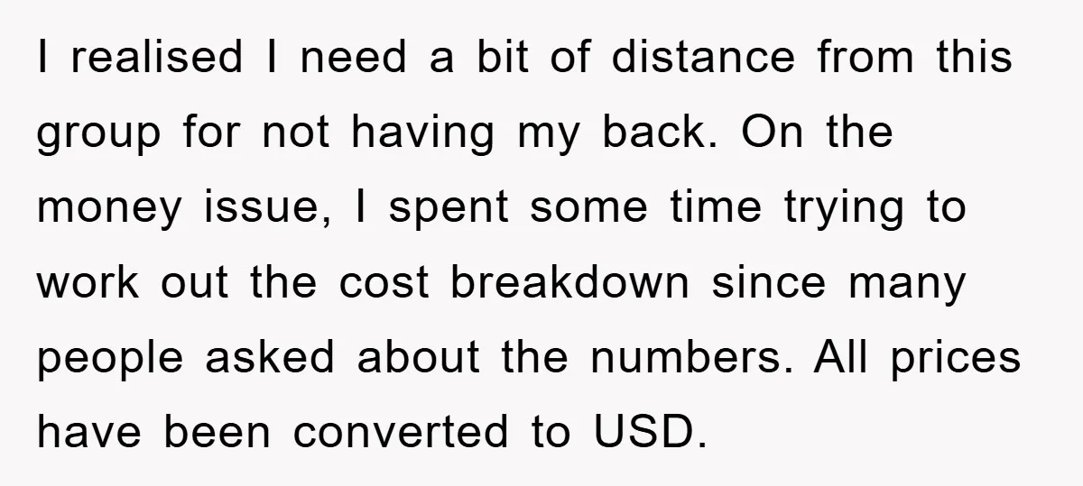 I realised I need a bit of distance from this group for not having my back. On the money issue, I spent some time trying to work out the cost...