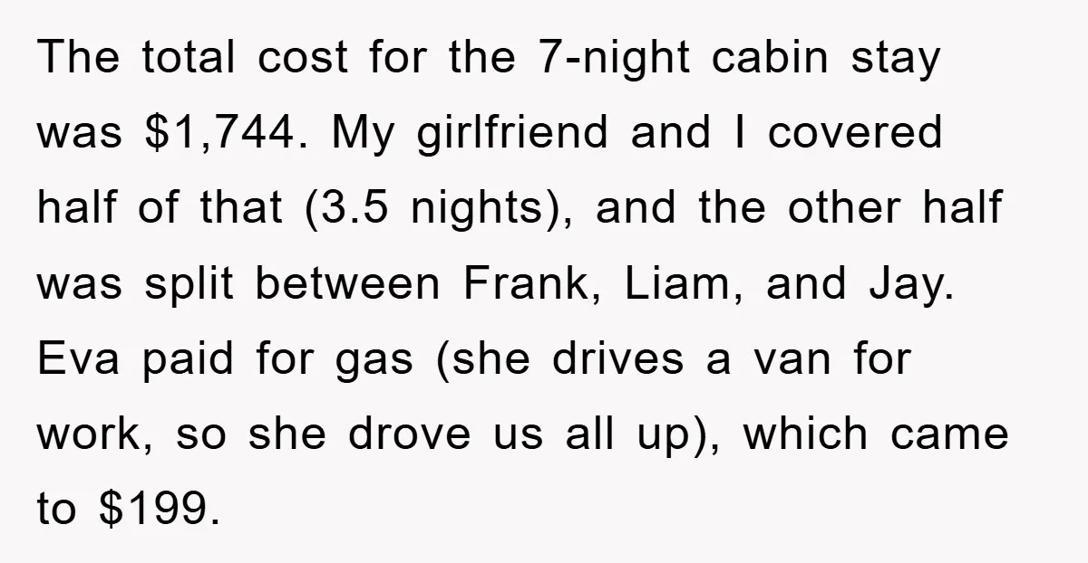 The total cost for the 7-night cabin stay was $1,744. My girlfriend and I covered half of that (3.5 nights), and the other half was split between Frank, Liam, and...