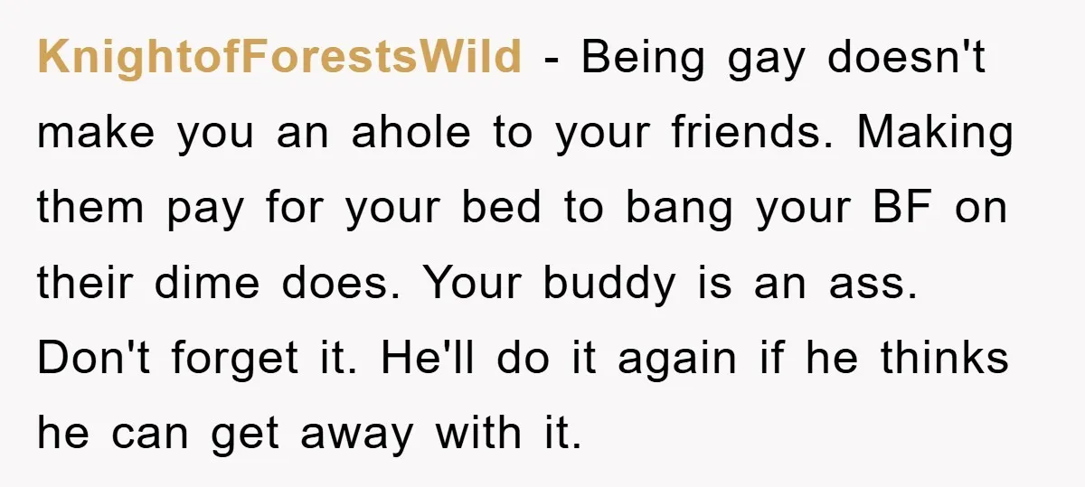 KnightofForestsWild - Being gay doesn't make you an ahole to your friends. Making them pay for your bed to bang your BF on their dime does. Your buddy is an...