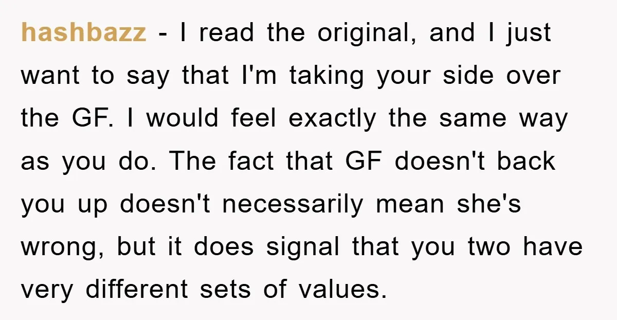 hashbazz - I read the original, and I just want to say that I'm taking your side over the GF. I would feel exactly the same way as you do....