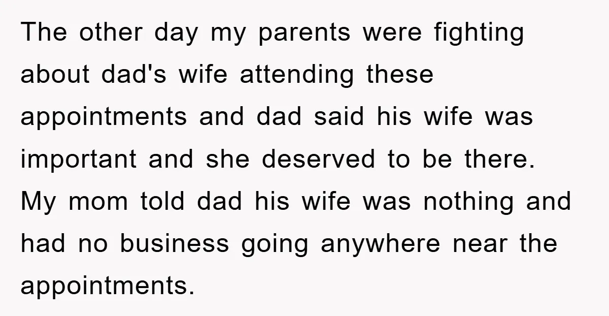 The other day my parents were fighting about dad's wife attending these appointments and dad said his wife was important and she deserved to be there. My mom told dad...