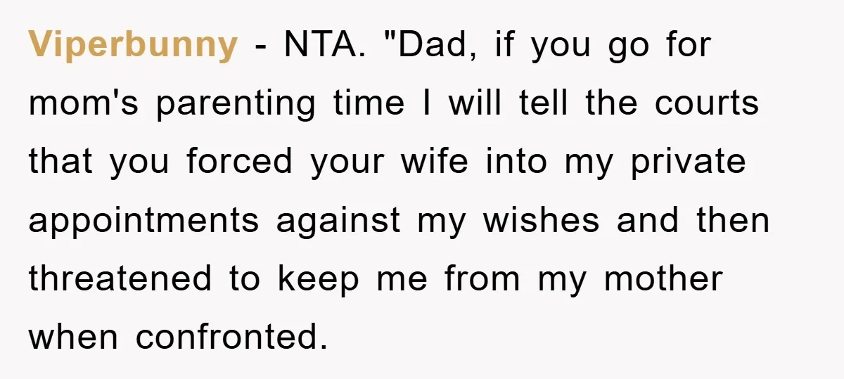 Viperbunny − NTA. "Dad, if you go for mom's parenting time I will tell the courts that you forced your wife into my private appointments against my wishes and then...
