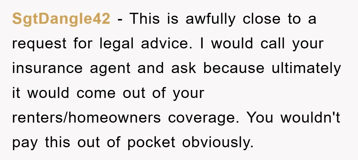 SgtDangle42 − This is awfully close to a request for legal advice. I would call your insurance agent and ask because ultimately it would come out of your renters/homeowners coverage....
