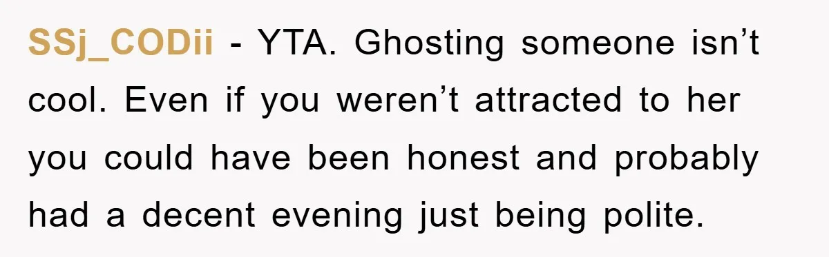 SSj_CODii − YTA. Ghosting someone isn’t cool. Even if you weren’t attracted to her you could have been honest and probably had a decent evening just being polite.