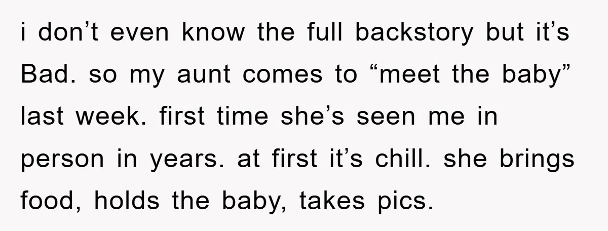 i don’t even know the full backstory but it’s Bad. so my aunt comes to “meet the baby” last week. first time she’s seen me in person in years. at...