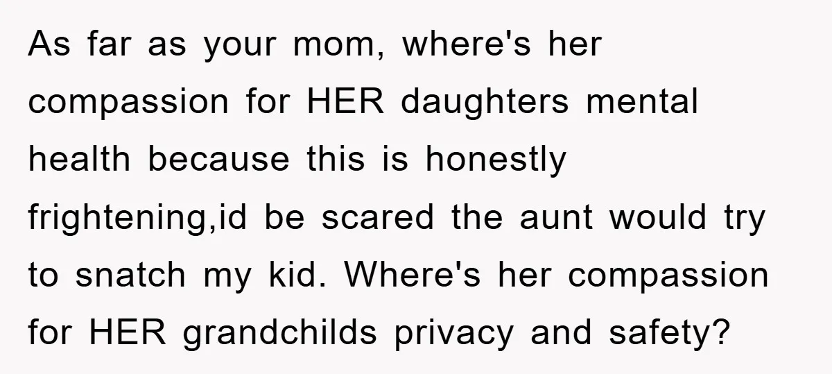 As far as your mom, where's her compassion for HER daughters mental health because this is honestly frightening,id be scared the aunt would try to snatch my kid. Where's her...