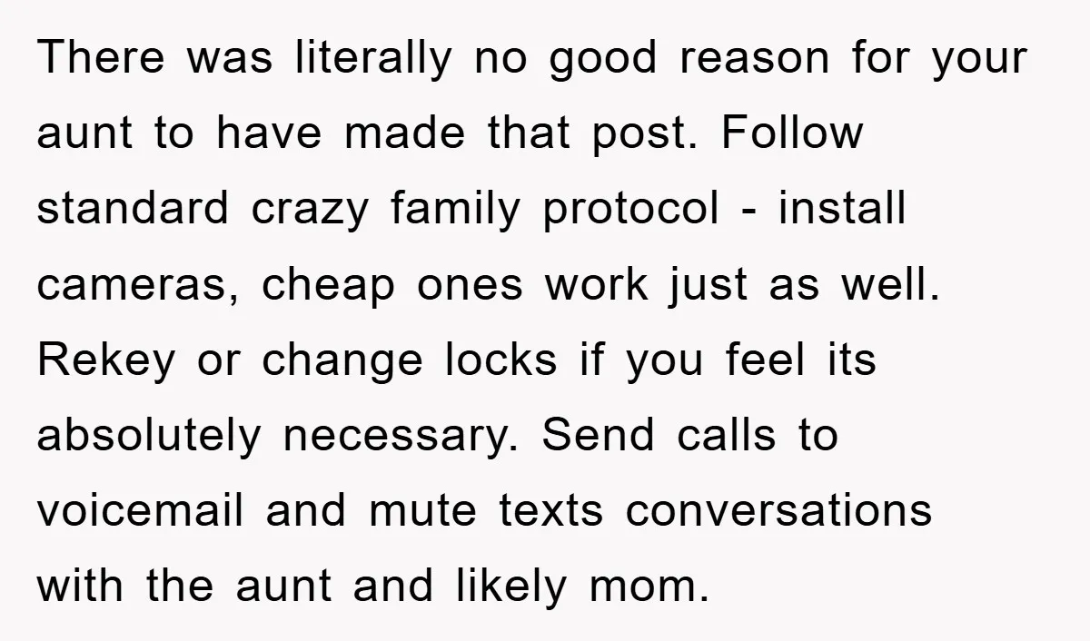 There was literally no good reason for your aunt to have made that post. Follow standard crazy family protocol - install cameras, cheap ones work just as well. Rekey or...
