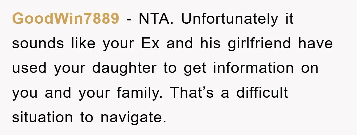 GoodWin7889 - NTA. Unfortunately it sounds like your Ex and his girlfriend have used your daughter to get information on you and your family. That’s a difficult situation to navigate.