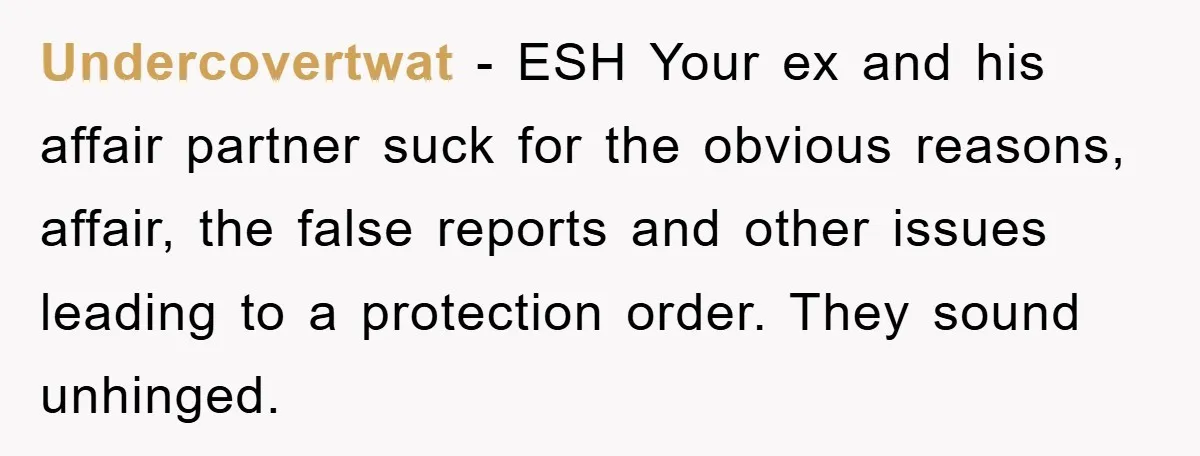 Undercovertwat - ESH Your ex and his affair partner suck for the obvious reasons, affair, the false reports and other issues leading to a protection order. They sound unhinged.