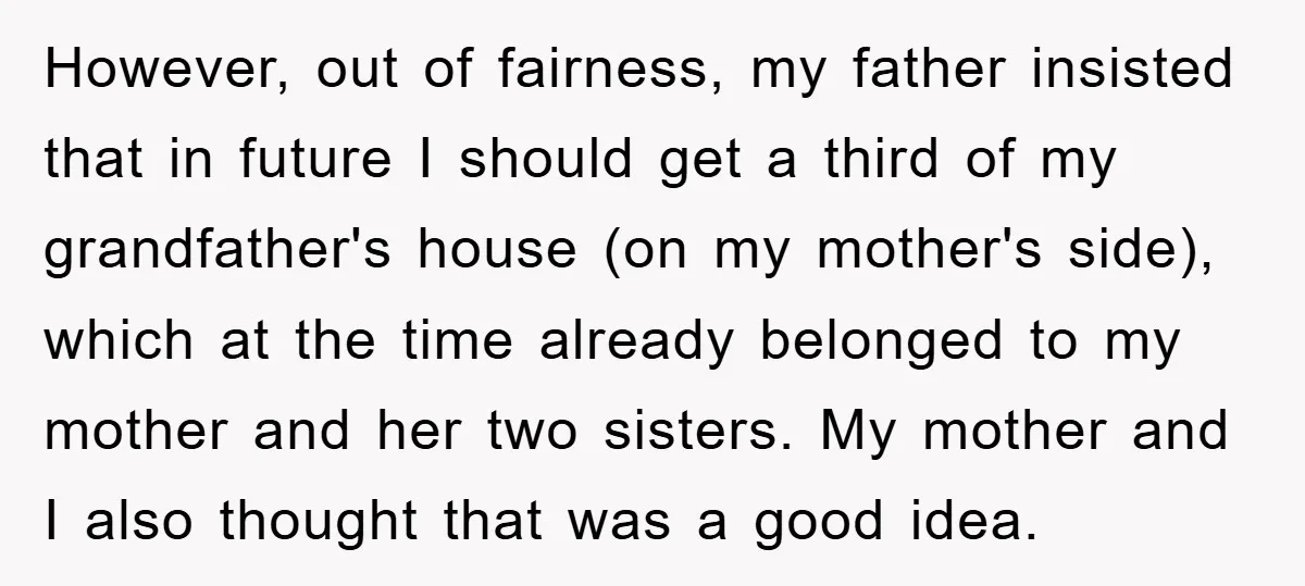 However, out of fairness, my father insisted that in future I should get a third of my grandfather's house (on my mother's side), which at the time already belonged to...