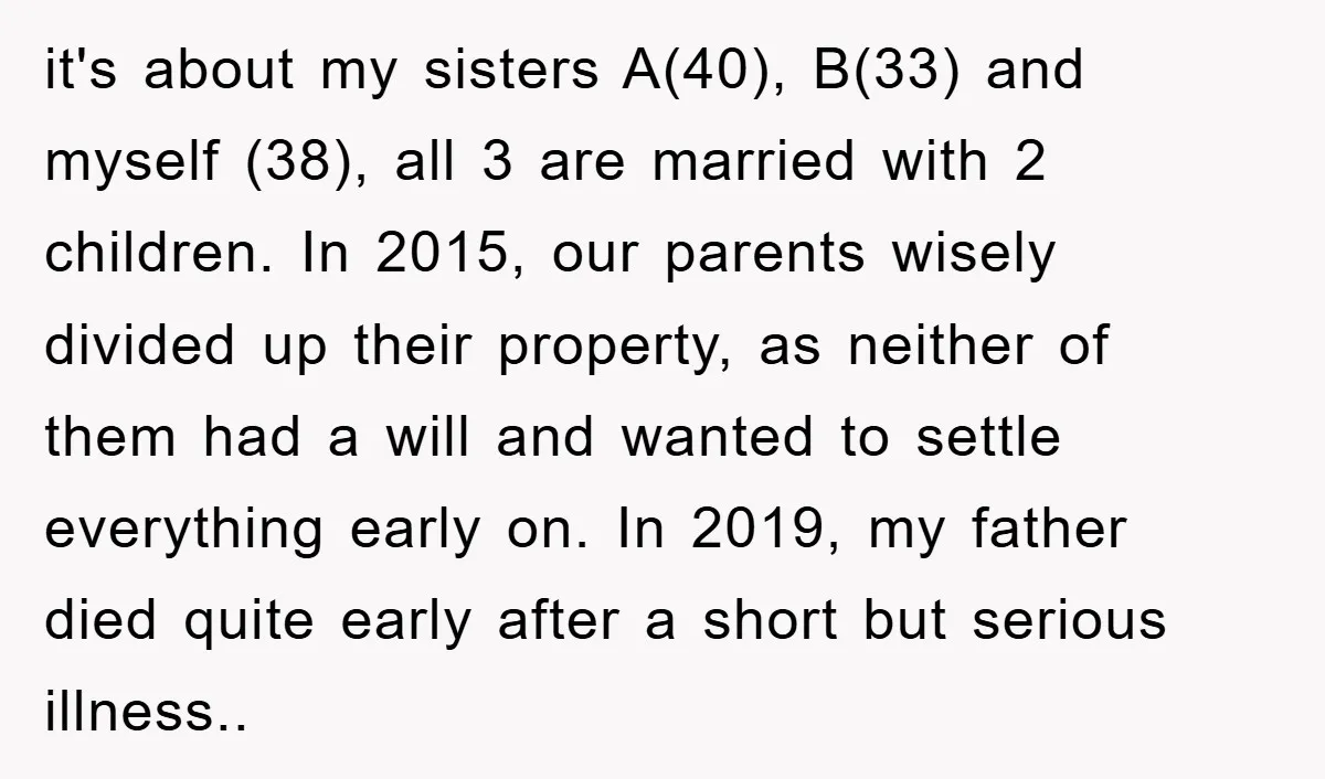 it's about my sisters A(40), B(33) and myself (38), all 3 are married with 2 children. In 2015, our parents wisely divided up their property, as neither of them had...
