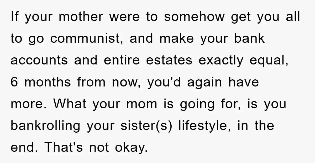If your mother were to somehow get you all to go communist, and make your bank accounts and entire estates exactly equal, 6 months from now, you'd again have more....