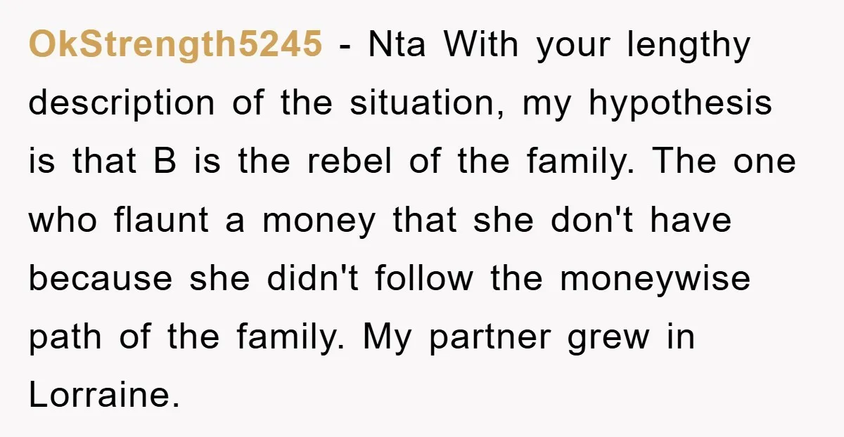 OkStrength5245 − Nta With your lengthy description of the situation, my hypothesis is that B is the rebel of the family. The one who flaunt a money that she don't...