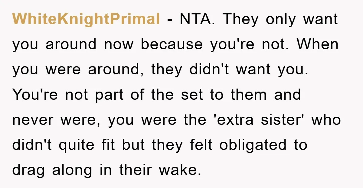 WhiteKnightPrimal − NTA. They only want you around now because you're not. When you were around, they didn't want you. You're not part of the set to them and never...