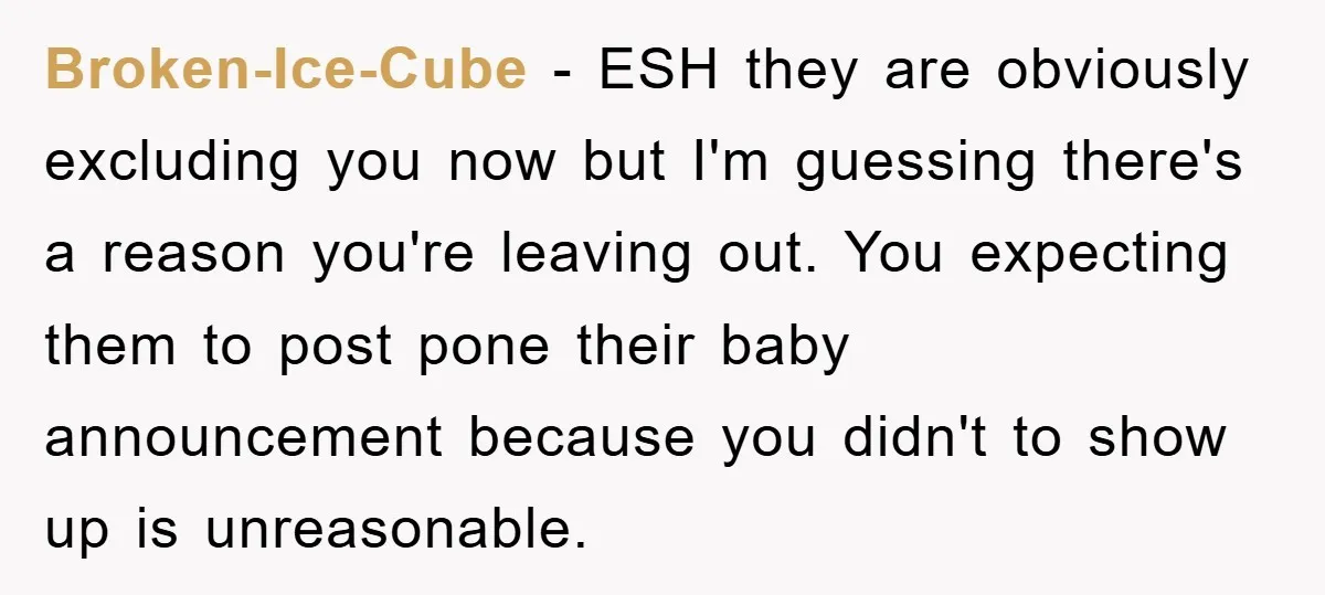 Broken-Ice-Cube - ESH they are obviously excluding you now but I'm guessing there's a reason you're leaving out. You expecting them to post pone their baby announcement because you didn't...