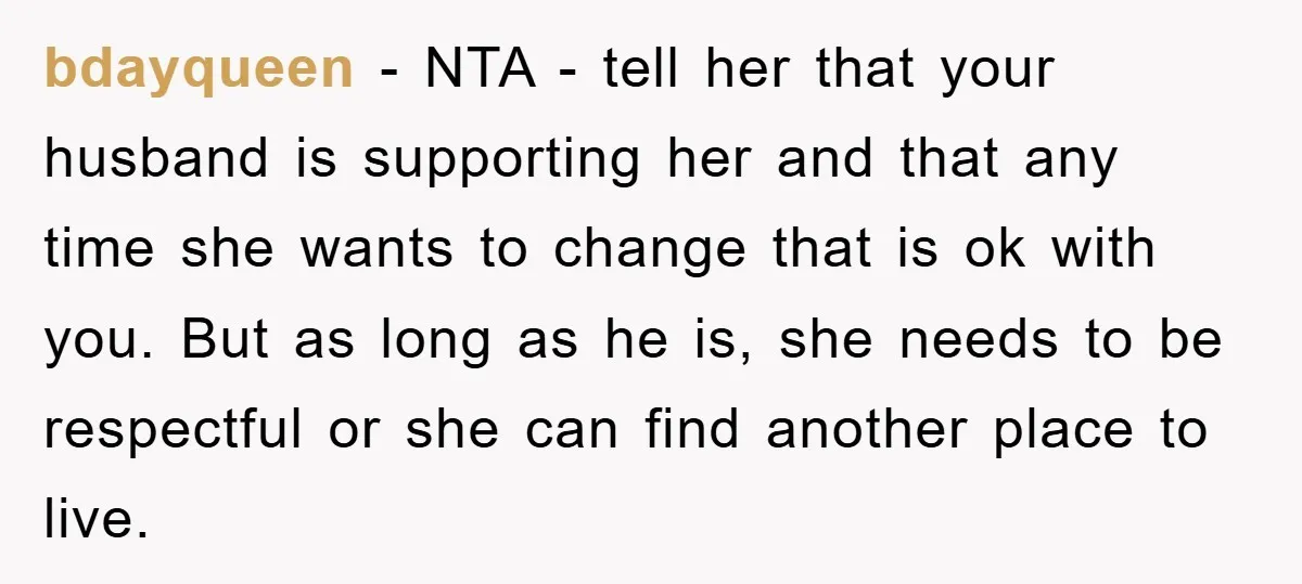 bdayqueen - NTA - tell her that your husband is supporting her and that any time she wants to change that is ok with you. But as long as he...