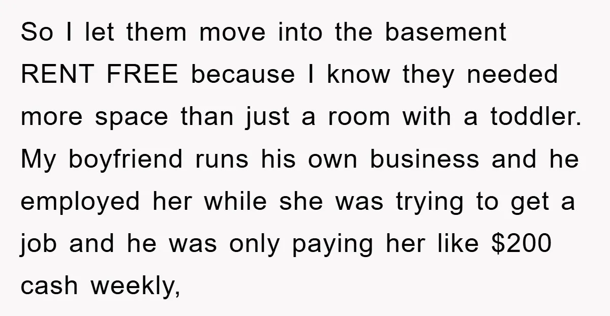 So I let them move into the basement RENT FREE because I know they needed more space than just a room with a toddler. My boyfriend runs his own business...