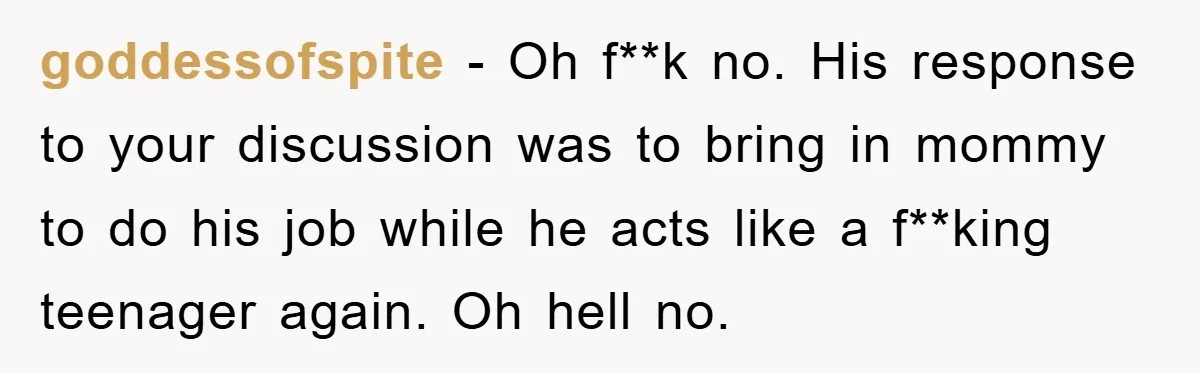 goddessofspite − Oh f**k no. His response to your discussion was to bring in mommy to do his job while he acts like a f**king teenager again. Oh hell no.
