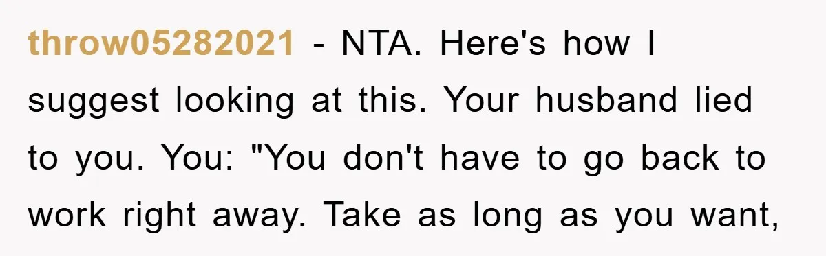 throw05282021 − NTA. Here's how I suggest looking at this. Your husband lied to you. You: "You don't have to go back to work right away. Take as long as...