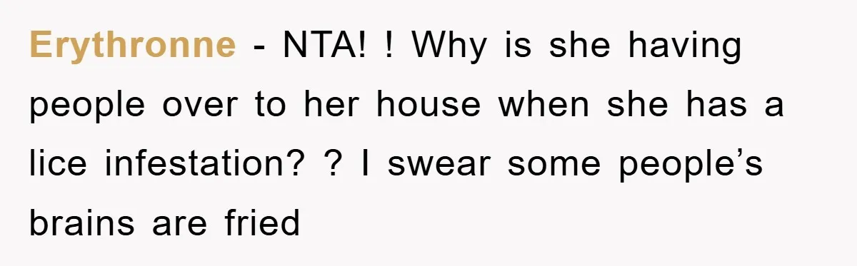 Erythronne − NTA! ! Why is she having people over to her house when she has a lice infestation? ? I swear some people’s brains are fried