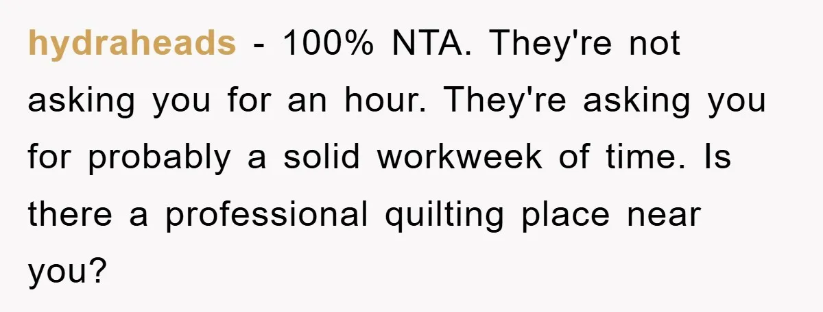 hydraheads - 100% NTA. They're not asking you for an hour. They're asking you for probably a solid workweek of time. Is there a professional quilting place near you?