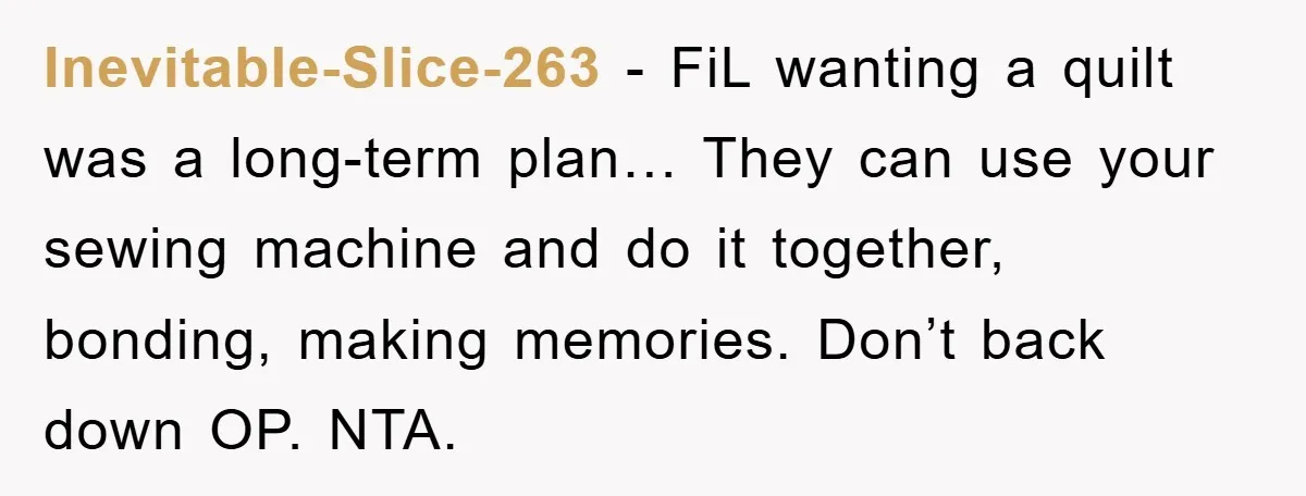 Inevitable-Slice-263 - FiL wanting a quilt was a long-term plan… They can use your sewing machine and do it together, bonding, making memories. Don’t back down OP. NTA.