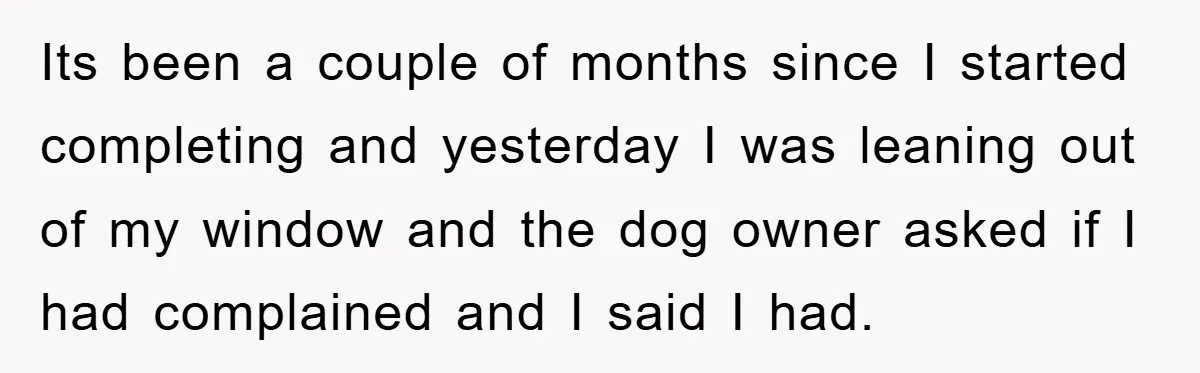 Its been a couple of months since I started completing and yesterday I was leaning out of my window and the dog owner asked if I had complained and I...