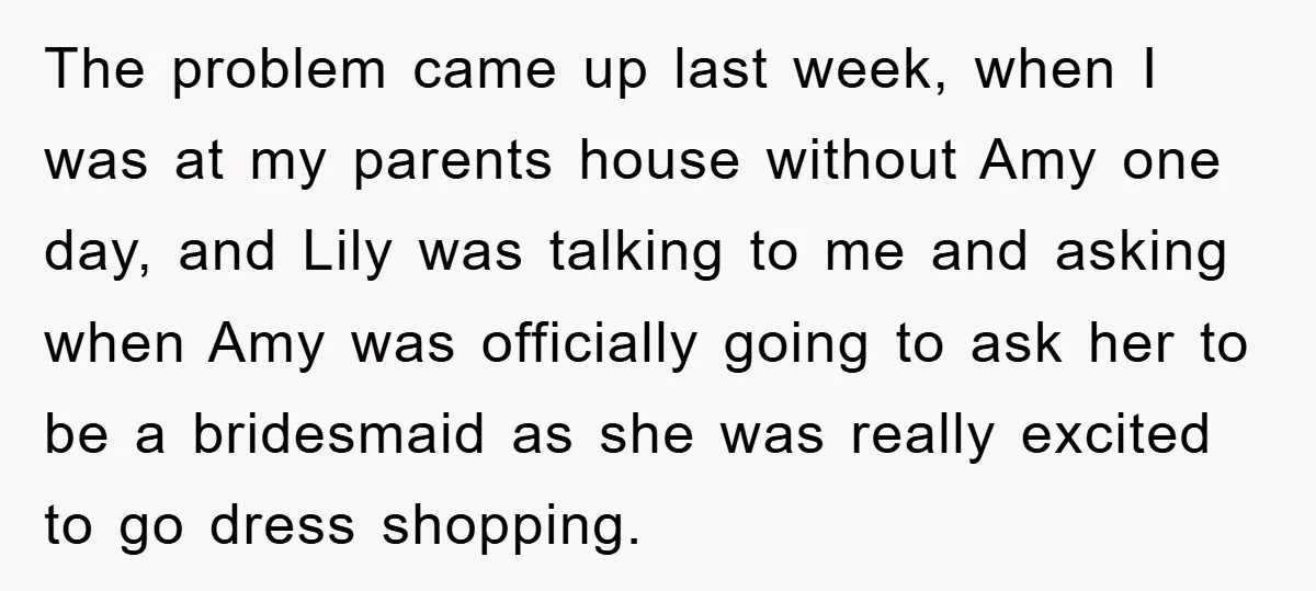 The problem came up last week, when I was at my parents house without Amy one day, and Lily was talking to me and asking when Amy was officially going...