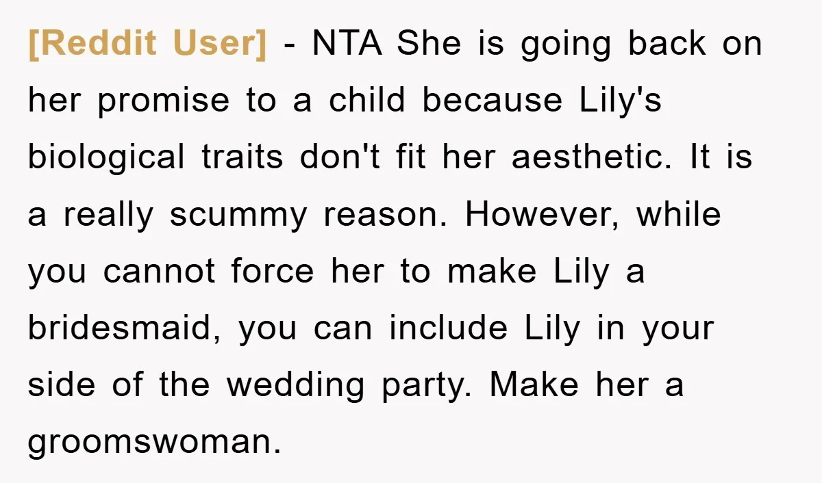 [Reddit User] − NTA She is going back on her promise to a child because Lily's biological traits don't fit her aesthetic. It is a really scummy reason. However, while...