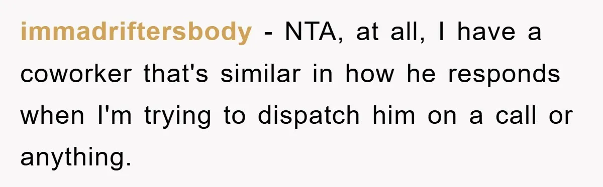immadriftersbody − NTA, at all, I have a coworker that's similar in how he responds when I'm trying to dispatch him on a call or anything.