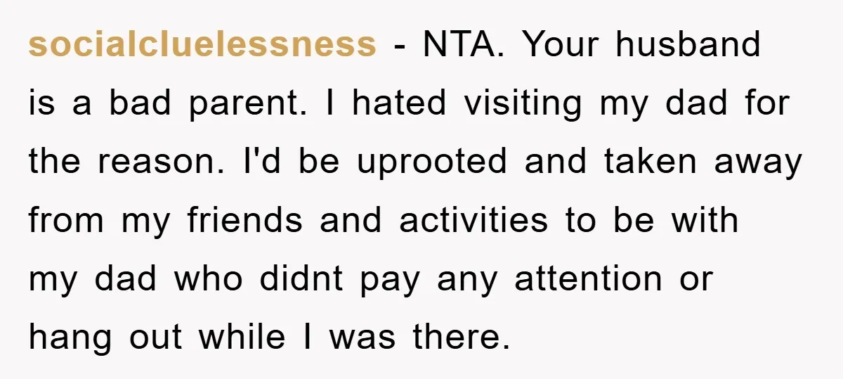 socialcluelessness - NTA. Your husband is a bad parent. I hated visiting my dad for the reason. I'd be uprooted and taken away from my friends and activities to be...