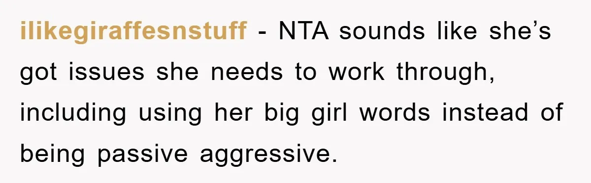 ilikegiraffesnstuff - NTA sounds like she’s got issues she needs to work through, including using her big girl words instead of being passive aggressive.