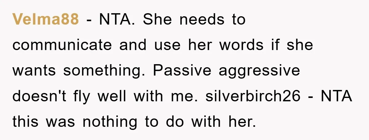 Velma88 - NTA. She needs to communicate and use her words if she wants something. Passive aggressive doesn't fly well with me. silverbirch26 - NTA this was nothing to do...