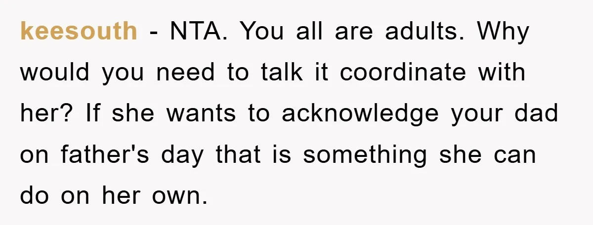 keesouth - NTA. You all are adults. Why would you need to talk it coordinate with her? If she wants to acknowledge your dad on father's day that is something...