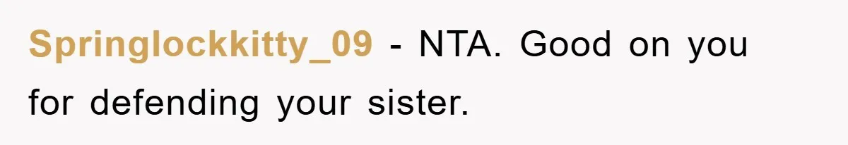 Springlockkitty_09 − NTA. Good on you for defending your sister.
