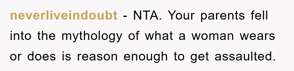 neverliveindoubt − NTA. Your parents fell into the mythology of what a woman wears or does is reason enough to get assaulted.