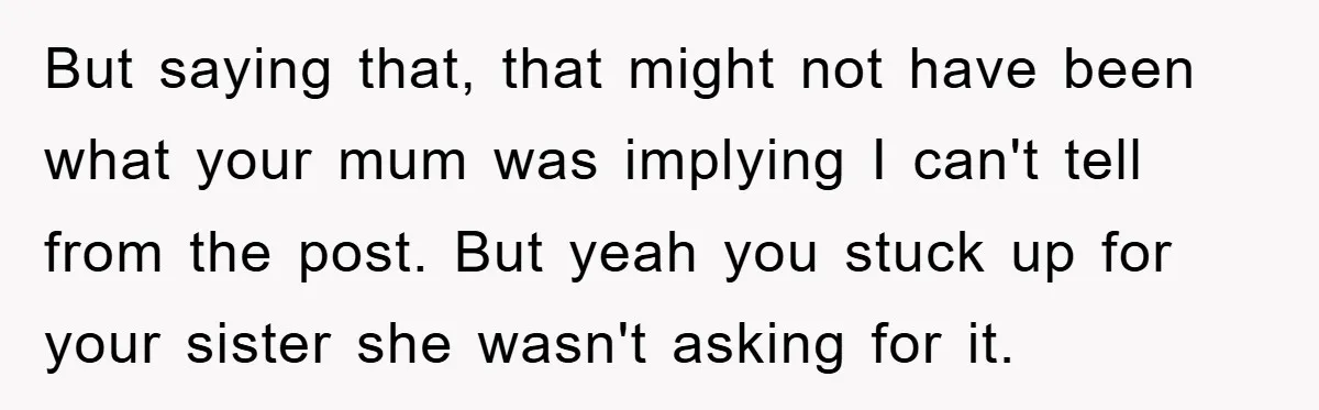 But saying that, that might not have been what your mum was implying I can't tell from the post. But yeah you stuck up for your sister she wasn't asking...