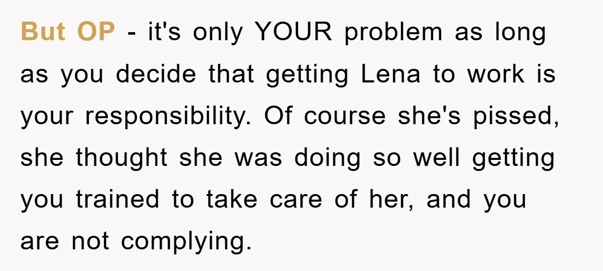 But OP - it's only YOUR problem as long as you decide that getting Lena to work is your responsibility. Of course she's pissed, she thought she was doing so...