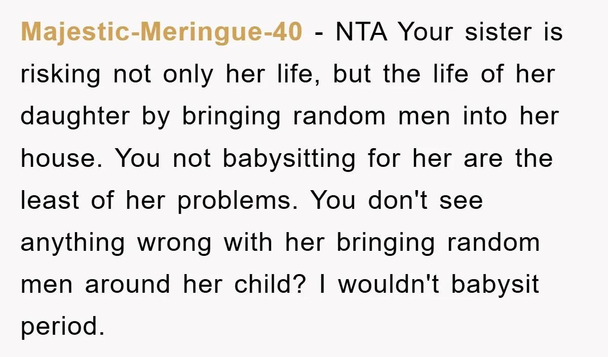 Majestic-Meringue-40 − NTA Your sister is risking not only her life, but the life of her daughter by bringing random men into her house. You not babysitting for her are...