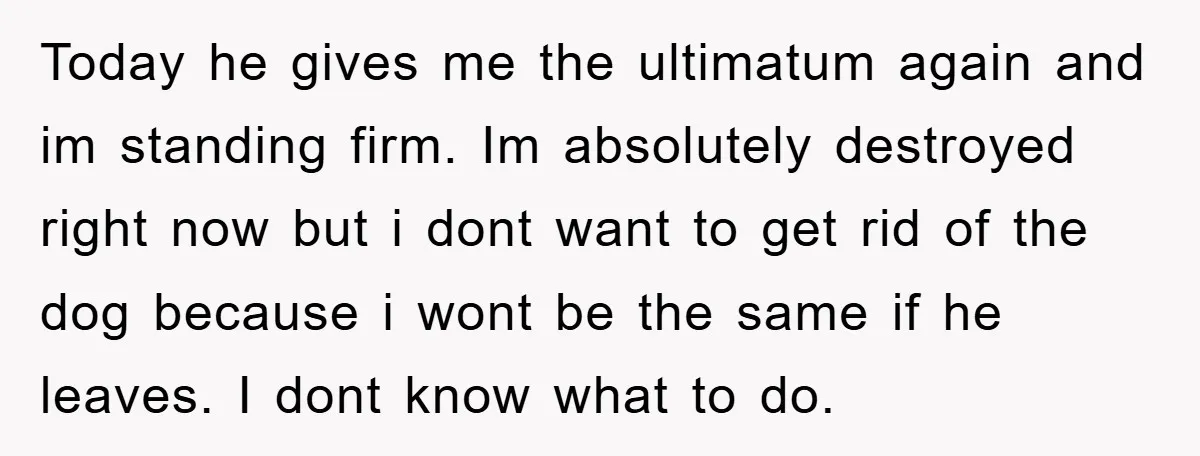 Today he gives me the ultimatum again and im standing firm. Im absolutely destroyed right now but i dont want to get rid of the dog because i wont be...