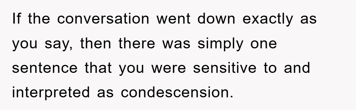 If the conversation went down exactly as you say, then there was simply one sentence that you were sensitive to and interpreted as condescension.