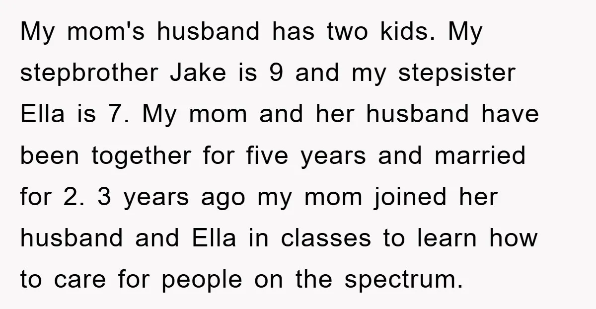 My mom's husband has two kids. My stepbrother Jake is 9 and my stepsister Ella is 7. My mom and her husband have been together for five years and married...