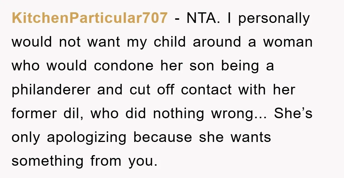 KitchenParticular707 - NTA. I personally would not want my child around a woman who would condone her son being a philanderer and cut off contact with her former dil, who...