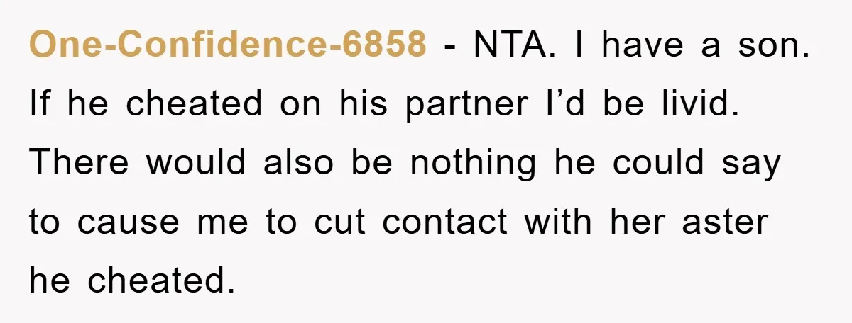 One-Confidence-6858 - NTA. I have a son. If he cheated on his partner I’d be livid. There would also be nothing he could say to cause me to cut contact...