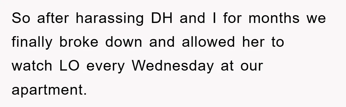 So after harassing DH and I for months we finally broke down and allowed her to watch LO every Wednesday at our apartment.