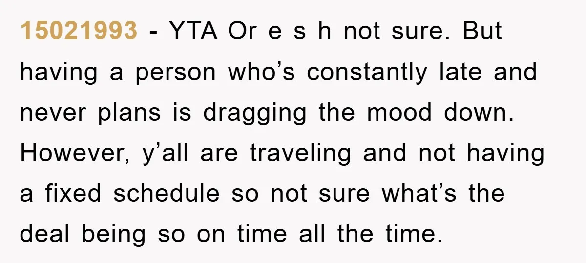 15021993 − YTA Or e s h not sure. But having a person who’s constantly late and never plans is dragging the mood down. However, y’all are traveling and not...