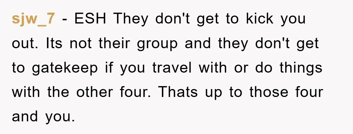 sjw_7 − ESH They don't get to kick you out. Its not their group and they don't get to gatekeep if you travel with or do things with the other...