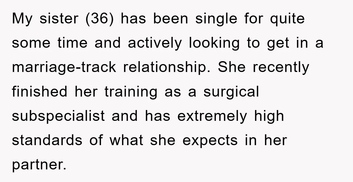 My sister (36) has been single for quite some time and actively looking to get in a marriage-track relationship. She recently finished her training as a surgical subspecialist and has...
