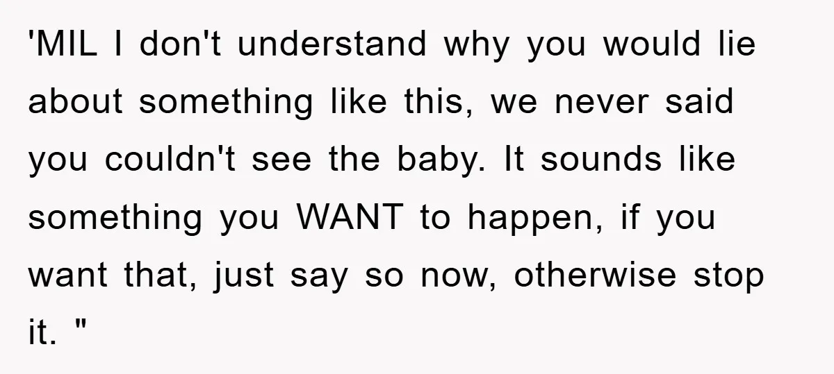 'MIL I don't understand why you would lie about something like this, we never said you couldn't see the baby. It sounds like something you WANT to happen, if you...