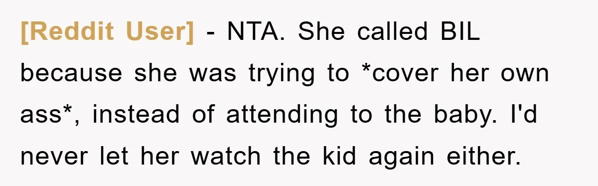[Reddit User] − NTA. She called BIL because she was trying to *cover her own ass*, instead of attending to the baby. I'd never let her watch the kid again...